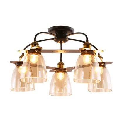 Industrial Cognac Glass Bell Semi Flush Ceiling Lamp (3/5/6 Heads) in Aged Brass - Perfect for Living Room