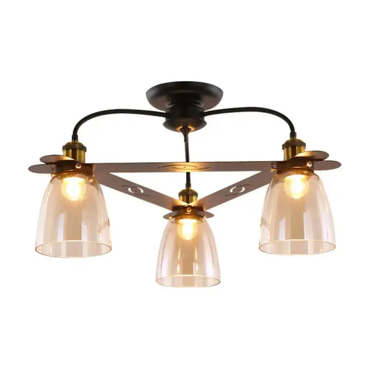 Industrial Cognac Glass Bell Semi Flush Ceiling Lamp (3/5/6 Heads) in Aged Brass - Perfect for Living Room