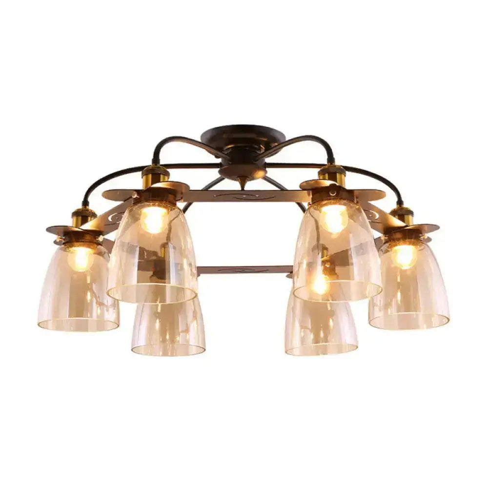 Industrial Cognac Glass Bell Semi Flush Ceiling Lamp (3/5/6 Heads) in Aged Brass - Perfect for Living Room