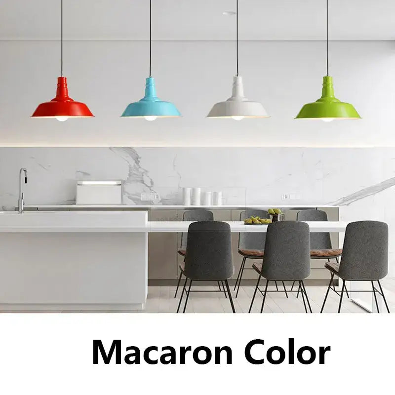 Four vibrant macaron-colored industrial colorful led e27 pendant lights hanging in a modern study room decorbites pendant light