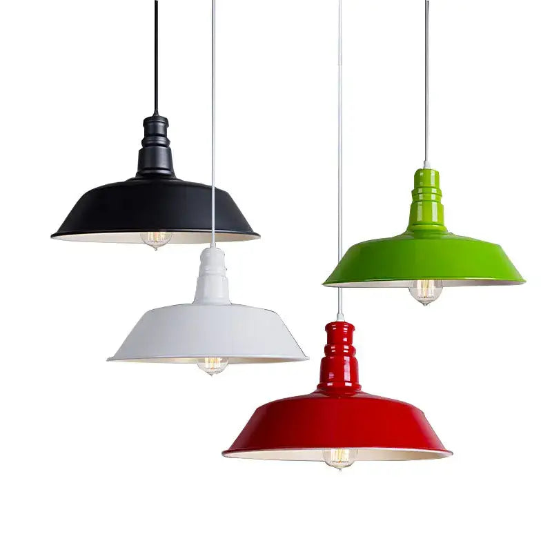 Three vintage-style industrial colorful led e27 pendant lights in black white and red with green accents for study room decorbites colorful led pendant light