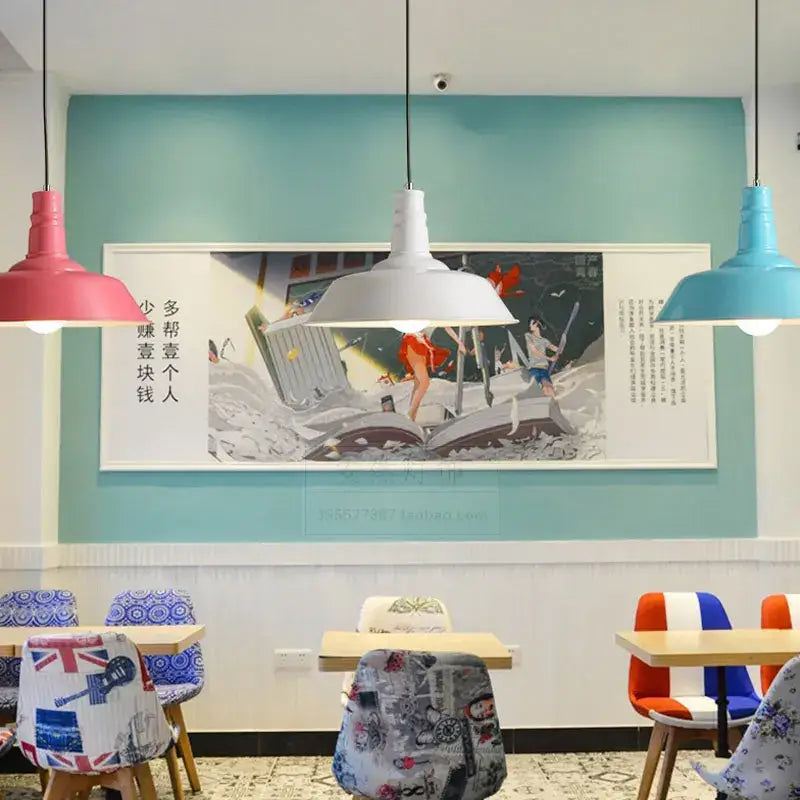 Three hanging industrial colorful led e27 pendant lights in pink white and blue for study room decorbites pendant light