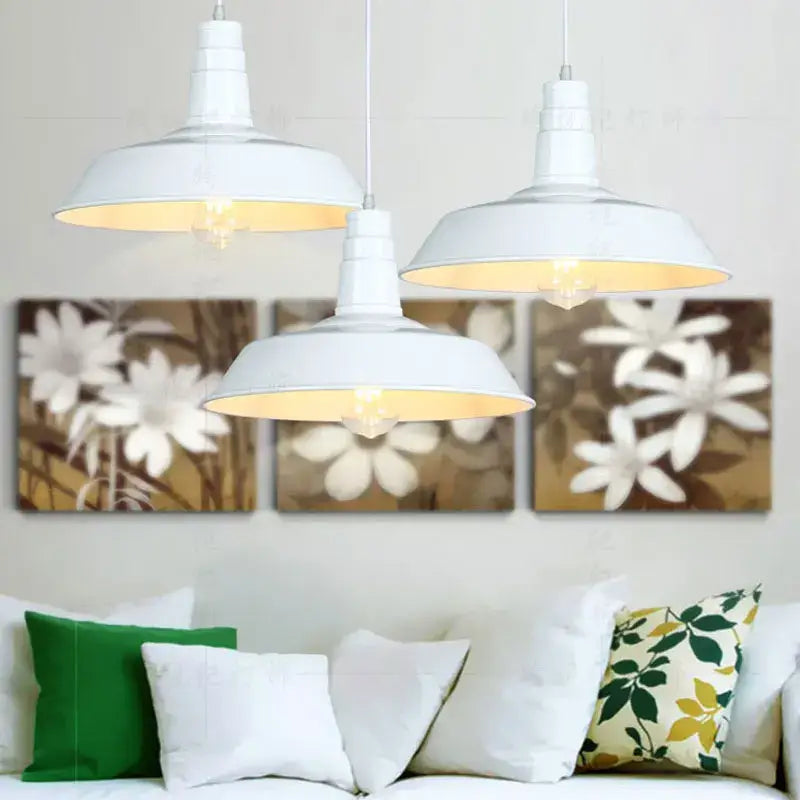 Three white industrial pendant lights with warm interiors for study room featuring decorbites colorful led e27 lighting
