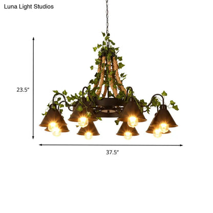 Industrial Cone Ceiling Chandelier - Hemp Rope LED Hanging Light Fixture, 8 Bulbs, Black with Plant Décor