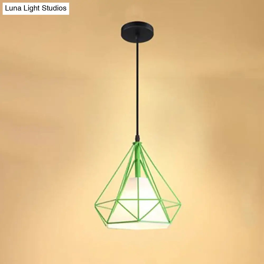 Industrial Cone Ceiling Pendant Light with Fabric Shade and Diamond Iron Cage