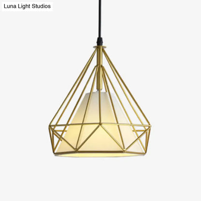 Industrial Cone Ceiling Pendant Light with Fabric Shade and Diamond Iron Cage