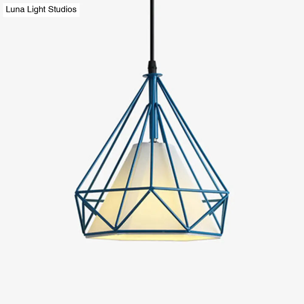 Industrial Cone Ceiling Pendant Light with Fabric Shade and Diamond Iron Cage