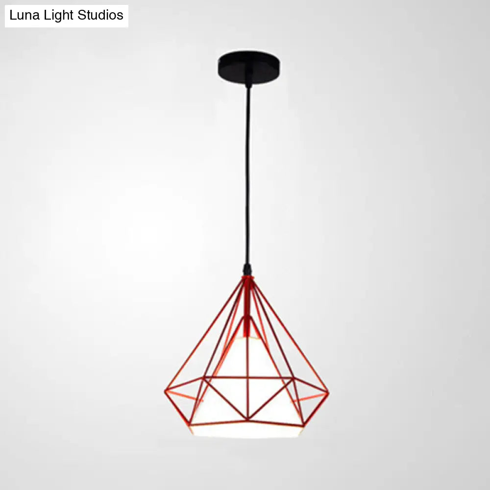 Industrial Cone Ceiling Pendant Light with Fabric Shade and Diamond Iron Cage