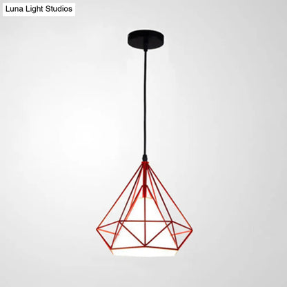 Industrial Cone Ceiling Pendant Light with Fabric Shade and Diamond Iron Cage