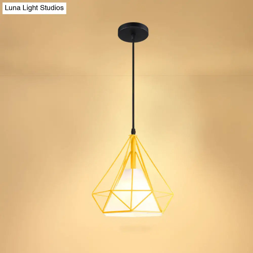 Industrial Cone Ceiling Pendant Light with Fabric Shade and Diamond Iron Cage