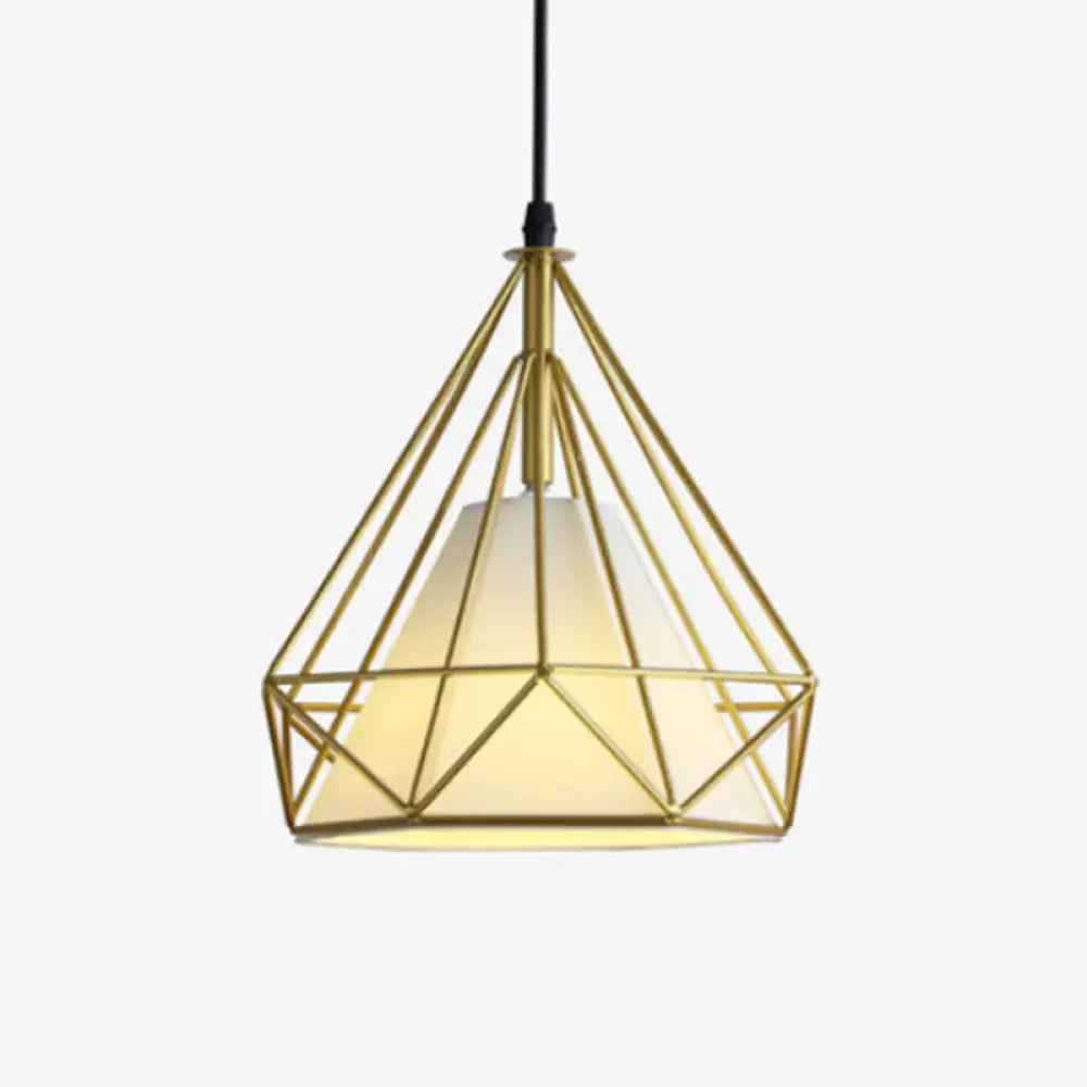 Industrial Cone Ceiling Pendant Light with Fabric Shade and Diamond Iron Cage