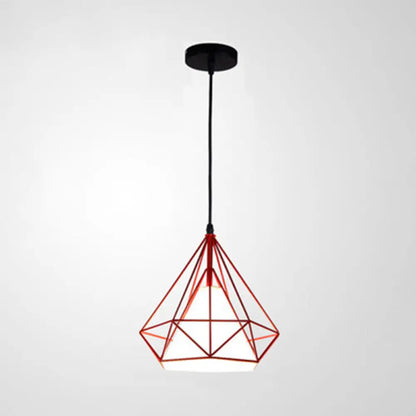 Industrial Cone Ceiling Pendant Light with Fabric Shade and Diamond Iron Cage