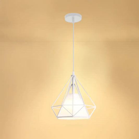 Industrial Cone Ceiling Pendant Light with Fabric Shade and Diamond Iron Cage