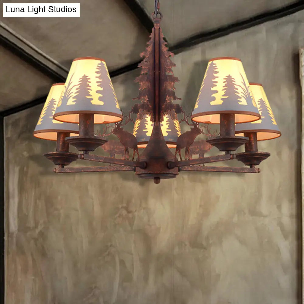 Industrial Cone Metal & Fabric Chandelier - 3/5/8 Light Pendant Lighting for Dining Room in Rust