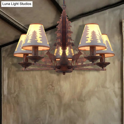 Industrial Cone Metal & Fabric Chandelier - 3/5/8 Light Pendant Lighting for Dining Room in Rust