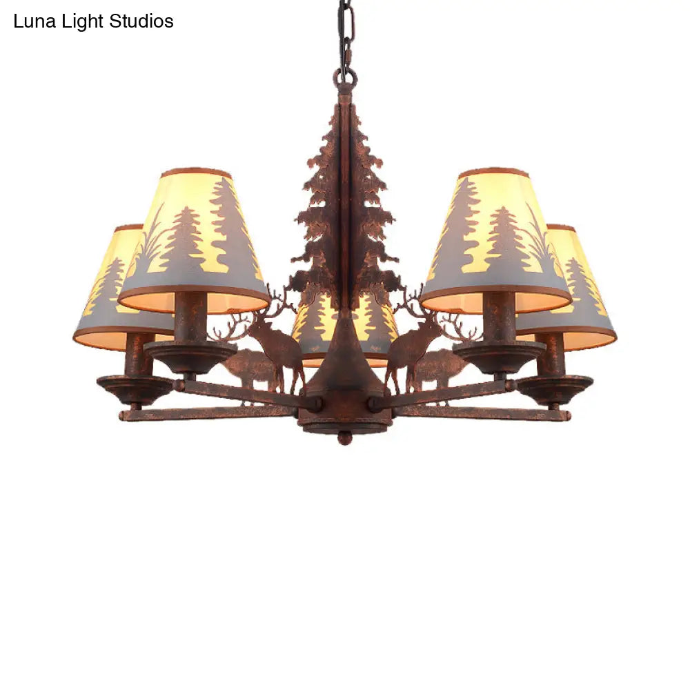 Industrial Cone Metal & Fabric Chandelier - 3/5/8 Light Pendant Lighting for Dining Room in Rust