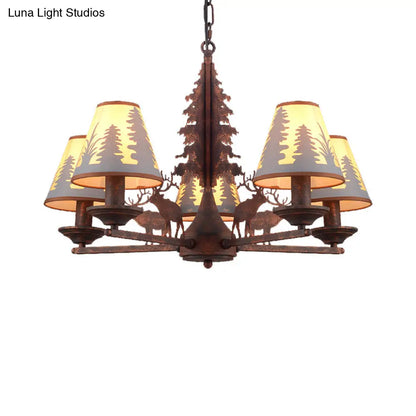 Industrial Cone Metal & Fabric Chandelier - 3/5/8 Light Pendant Lighting for Dining Room in Rust