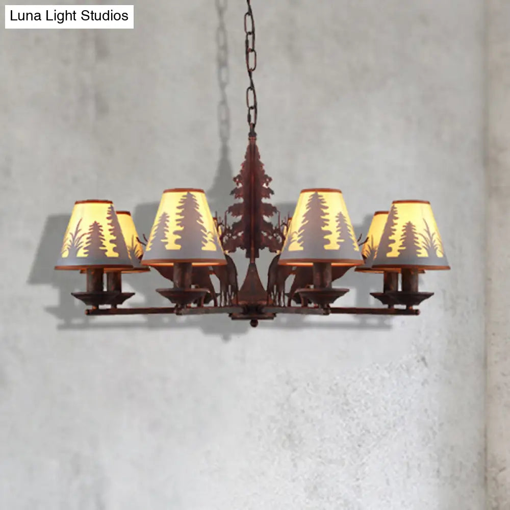 Industrial Cone Metal & Fabric Chandelier - 3/5/8 Light Pendant Lighting for Dining Room in Rust