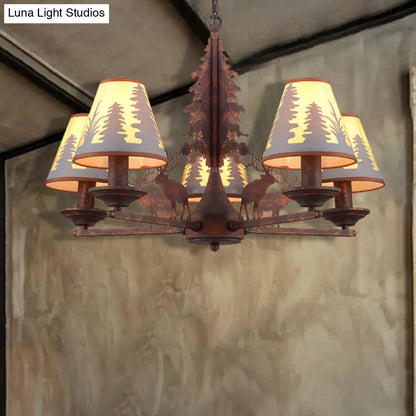 Industrial Cone Metal & Fabric Chandelier - 3/5/8 Light Pendant Lighting for Dining Room in Rust