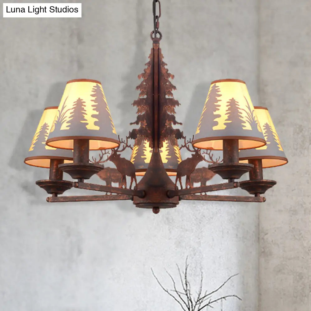 Industrial Cone Metal & Fabric Chandelier - 3/5/8 Light Pendant Lighting for Dining Room in Rust