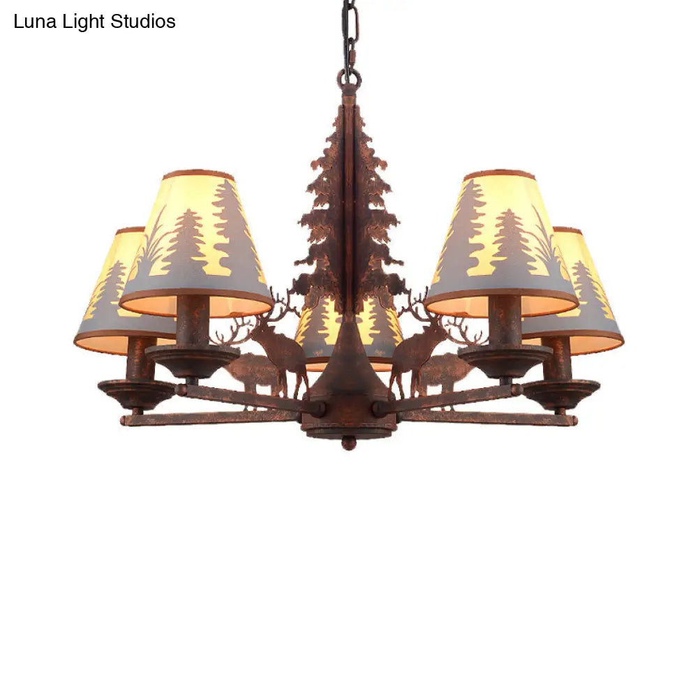 Industrial Cone Metal & Fabric Chandelier - 3/5/8 Light Pendant Lighting for Dining Room in Rust