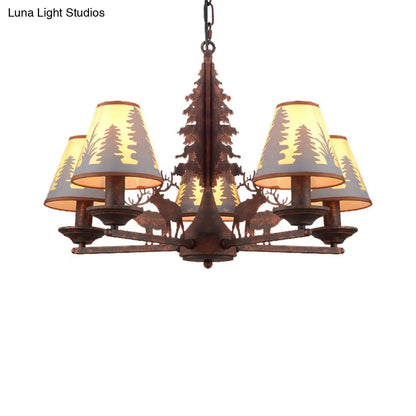 Industrial Cone Metal & Fabric Chandelier - 3/5/8 Light Pendant Lighting for Dining Room in Rust