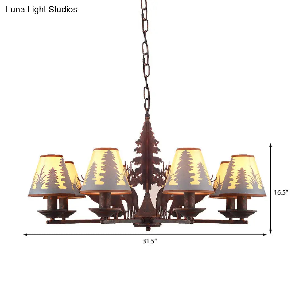 Industrial Cone Metal & Fabric Chandelier - 3/5/8 Light Pendant Lighting for Dining Room in Rust