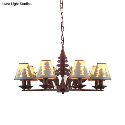 Industrial Cone Metal & Fabric Chandelier - 3/5/8 Light Pendant Lighting for Dining Room in Rust