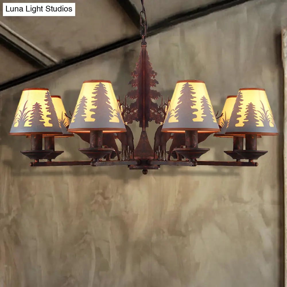 Industrial Cone Metal & Fabric Chandelier - 3/5/8 Light Pendant Lighting for Dining Room in Rust
