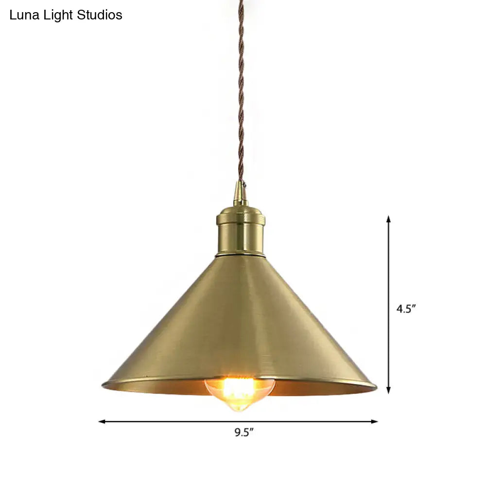 Industrial Cone Metal Hanging Light Fixture with Adjustable Brass Cord - 7"/9.5" W, Ideal for Bedroom Pendant Lighting & 1 Bulb