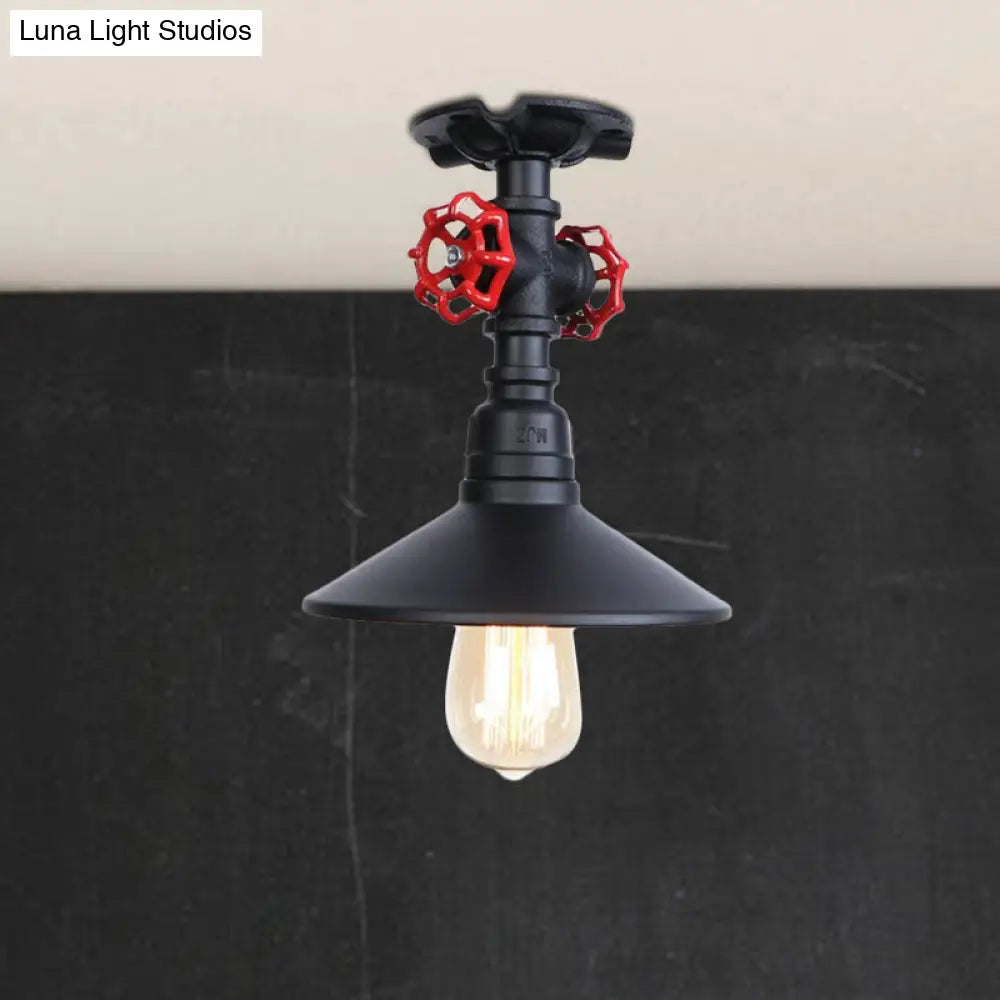 DecorBites™ DecorBites™ Industrial Cone Semi-Flush Ceiling Light with Red Faucet Valve in Black/Bronze for Bedroom