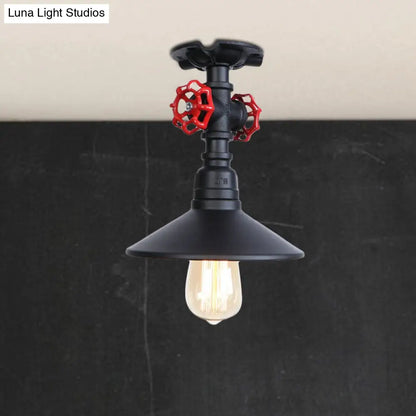 DecorBites™ DecorBites™ Industrial Cone Semi-Flush Ceiling Light with Red Faucet Valve in Black/Bronze for Bedroom