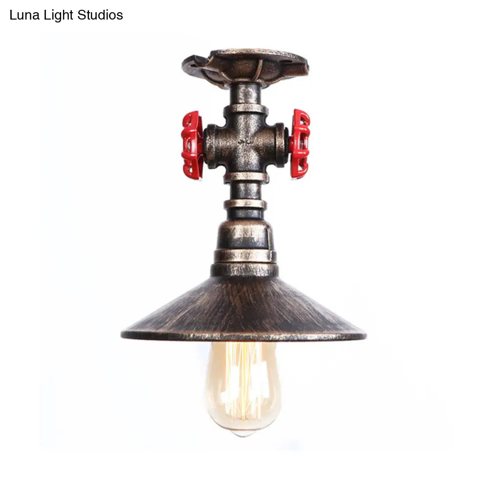 DecorBites™ DecorBites™ Industrial Cone Semi-Flush Ceiling Light with Red Faucet Valve in Black/Bronze for Bedroom