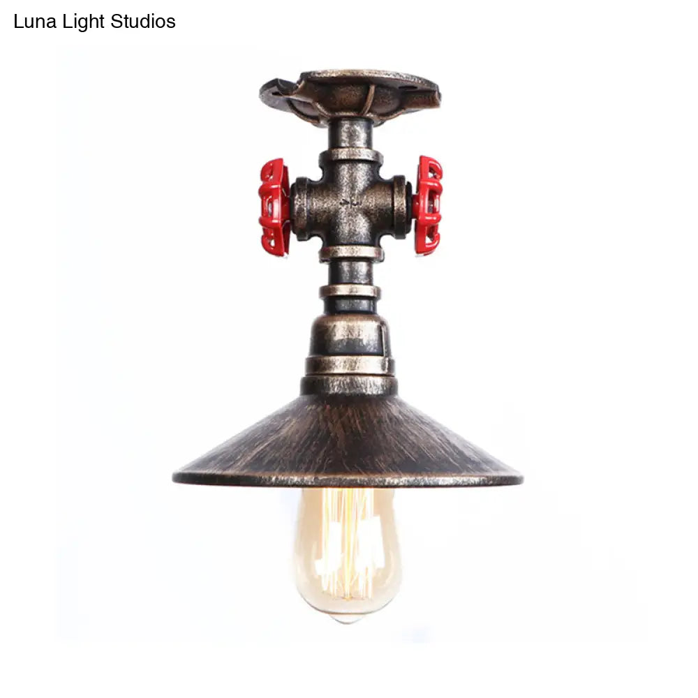 DecorBites™ DecorBites™ Industrial Cone Semi-Flush Ceiling Light with Red Faucet Valve in Black/Bronze for Bedroom