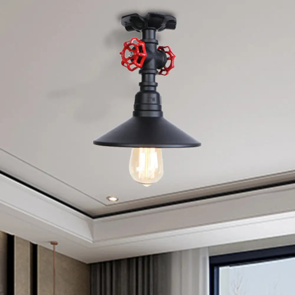 DecorBites™ DecorBites™ Industrial Cone Semi-Flush Ceiling Light with Red Faucet Valve in Black/Bronze for Bedroom