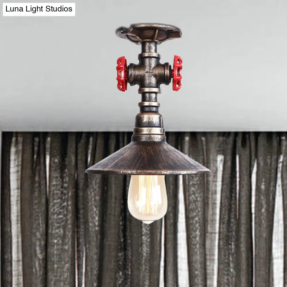 DecorBites™ DecorBites™ Industrial Cone Semi-Flush Ceiling Light with Red Faucet Valve in Black/Bronze for Bedroom