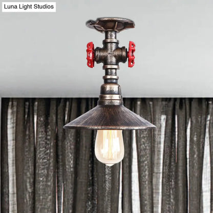 DecorBites™ DecorBites™ Industrial Cone Semi-Flush Ceiling Light with Red Faucet Valve in Black/Bronze for Bedroom