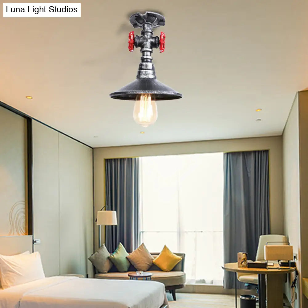 DecorBites™ DecorBites™ Industrial Cone Semi-Flush Ceiling Light with Red Faucet Valve in Black/Bronze for Bedroom