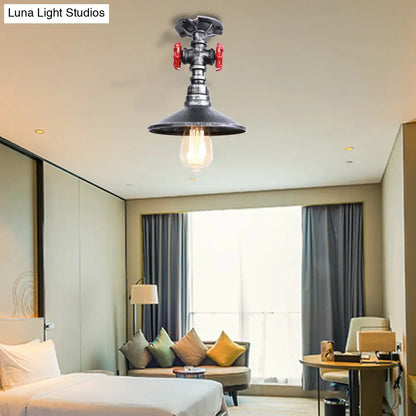 DecorBites™ DecorBites™ Industrial Cone Semi-Flush Ceiling Light with Red Faucet Valve in Black/Bronze for Bedroom