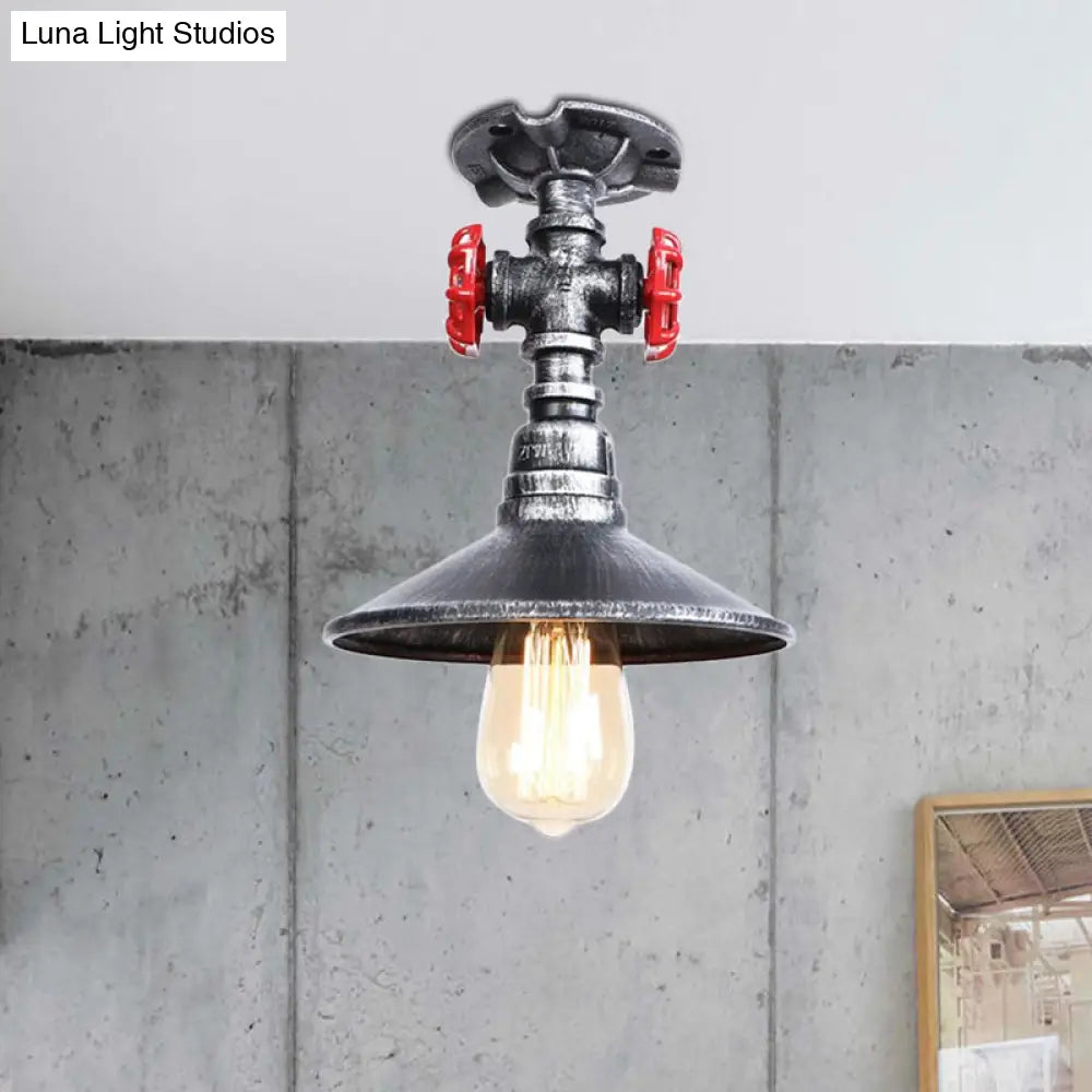 DecorBites™ DecorBites™ Industrial Cone Semi-Flush Ceiling Light with Red Faucet Valve in Black/Bronze for Bedroom