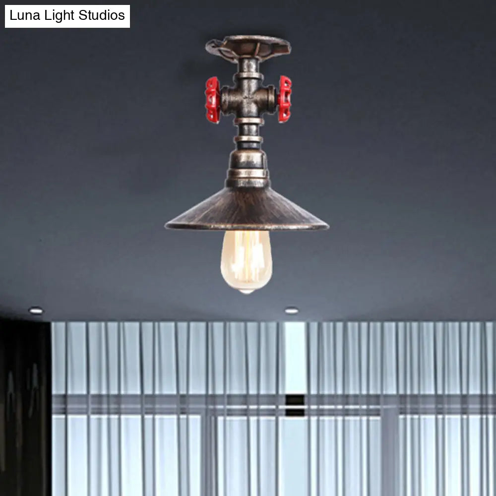 DecorBites™ DecorBites™ Industrial Cone Semi-Flush Ceiling Light with Red Faucet Valve in Black/Bronze for Bedroom