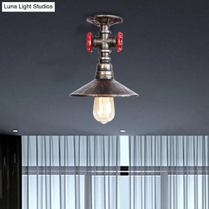 DecorBites™ DecorBites™ Industrial Cone Semi-Flush Ceiling Light with Red Faucet Valve in Black/Bronze for Bedroom
