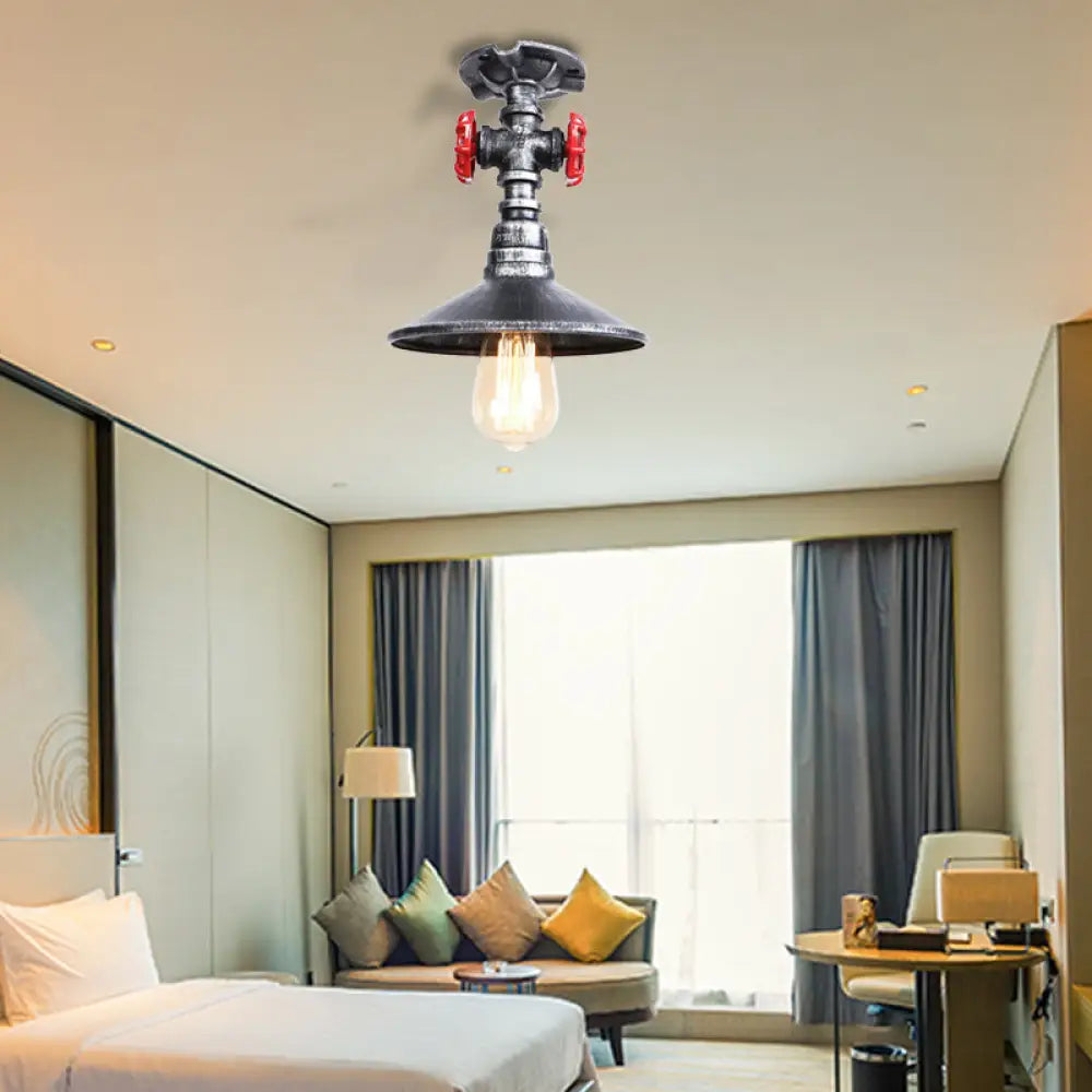 DecorBites™ DecorBites™ Industrial Cone Semi-Flush Ceiling Light with Red Faucet Valve in Black/Bronze for Bedroom