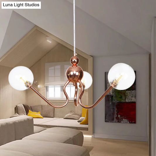 Industrial Copper 3-Light Chandelier with Clear/Amber Glass Globes, Dining Room Pendant Fixture