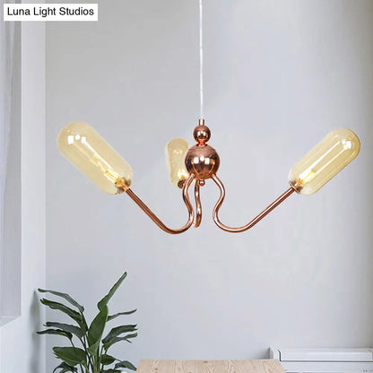 Industrial Copper 3-Light Chandelier with Clear/Amber Glass Globes, Dining Room Pendant Fixture