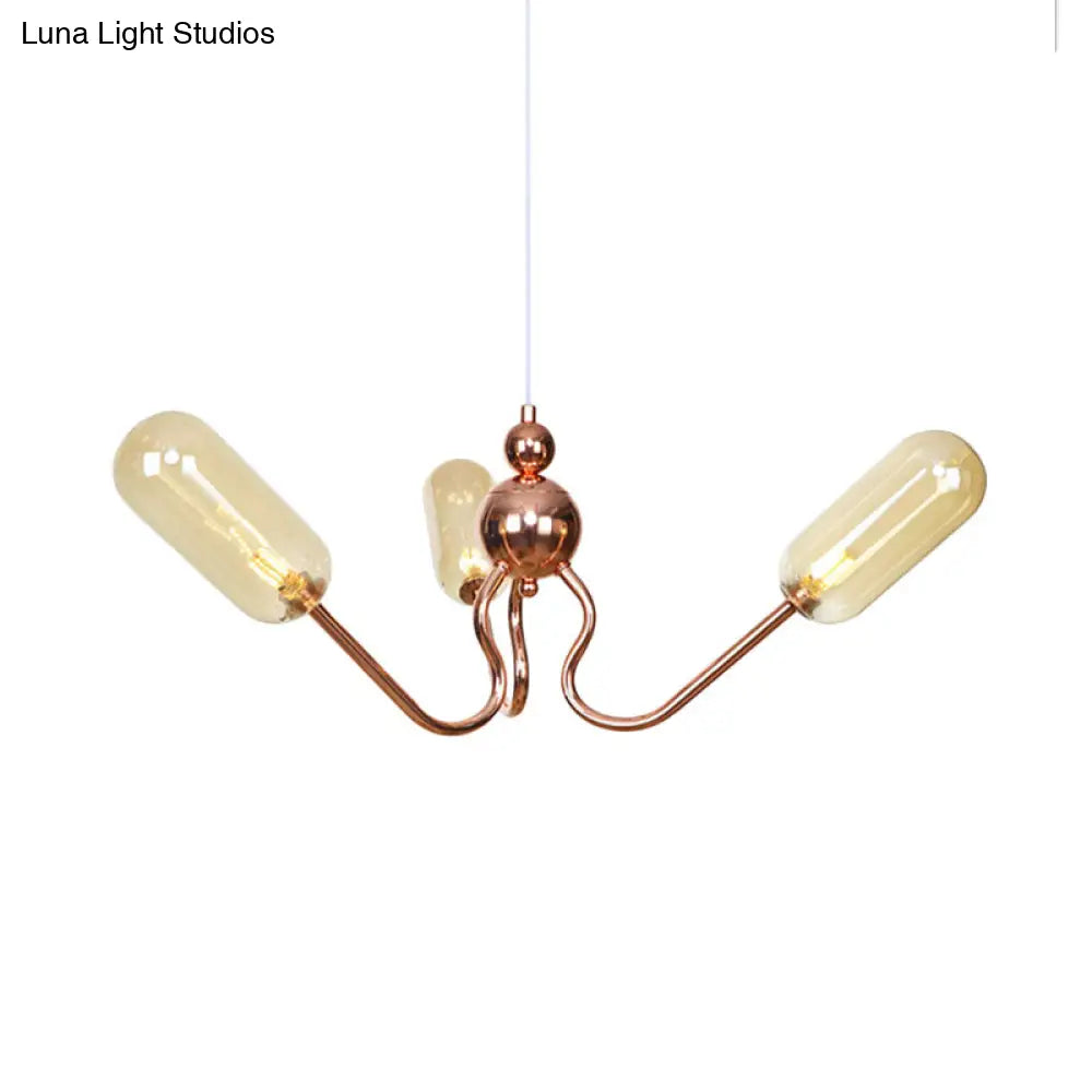 Industrial Copper 3-Light Chandelier with Clear/Amber Glass Globes, Dining Room Pendant Fixture