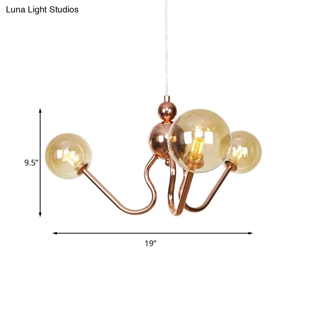 Industrial Copper 3-Light Chandelier with Clear/Amber Glass Globes, Dining Room Pendant Fixture