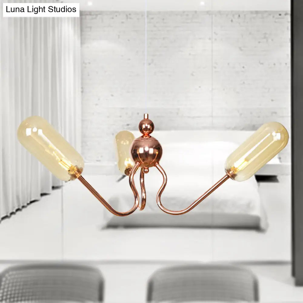 Industrial Copper 3-Light Chandelier with Clear/Amber Glass Globes, Dining Room Pendant Fixture