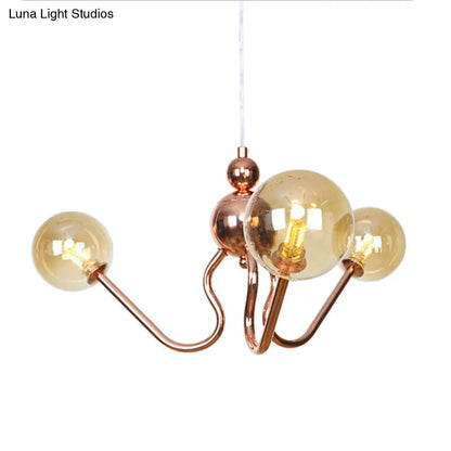 Industrial Copper 3-Light Chandelier with Clear/Amber Glass Globes, Dining Room Pendant Fixture