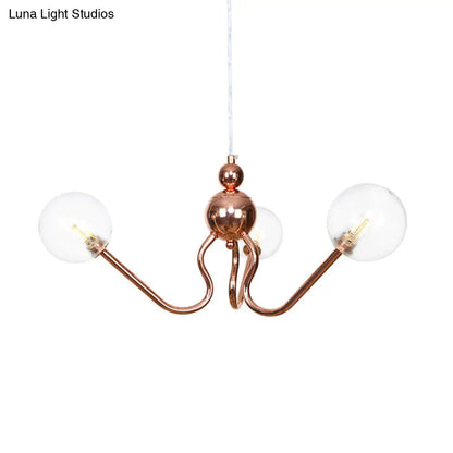 Industrial Copper 3-Light Chandelier with Clear/Amber Glass Globes, Dining Room Pendant Fixture